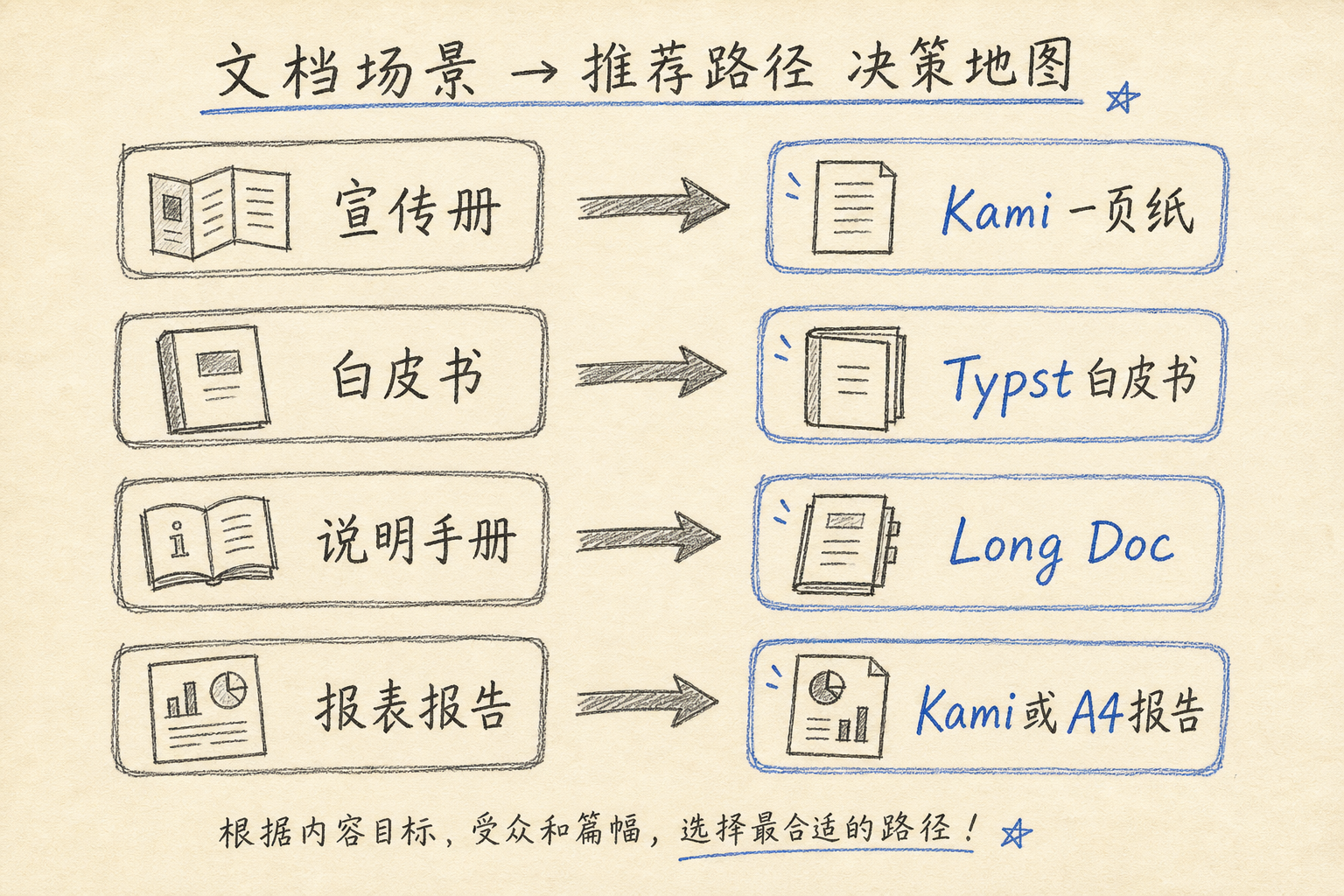 场景选型速查（手绘示意）